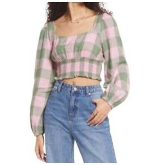 NWT BP Pink & Green Buffalo Check Long Sleeve Crop Top - Picture 2 of 5